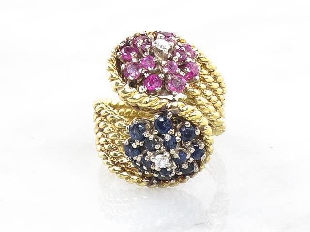 Vintage 18k Gold Floral Ring: Ruby, Sapphire & Diamond Cluster, Size 7