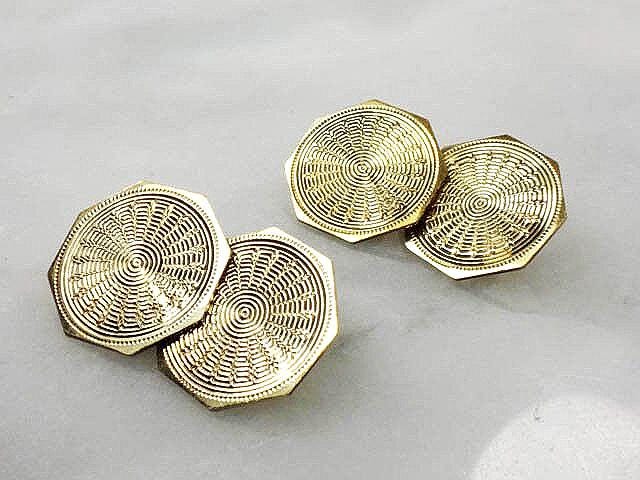 Art Deco 14k Yellow Gold Octagon Shape Cufflinks Engraved Engine Turned Cufflinks