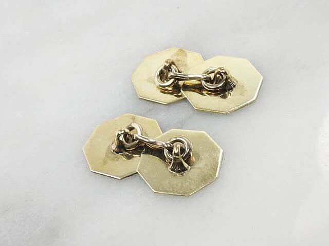 Art Deco 14k Yellow Gold Octagon Shape Cufflinks Engraved Engine Turned Cufflinks