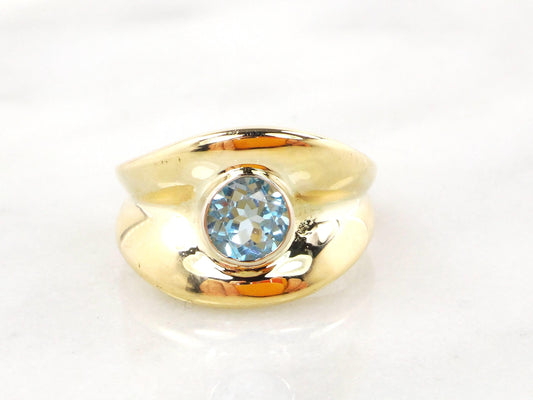 Vintage Wide 14k Yellow Gold Blue Topaz Ring December Birthstone Ring Solid Gold Cigar Band Ring