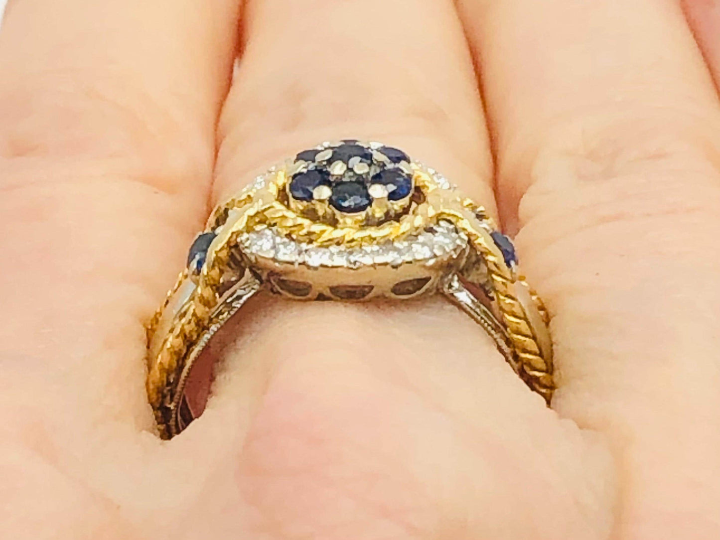 Vintage 18k Two-Tone Gold Sapphire Diamond Ring: September Birthstone, Size 7