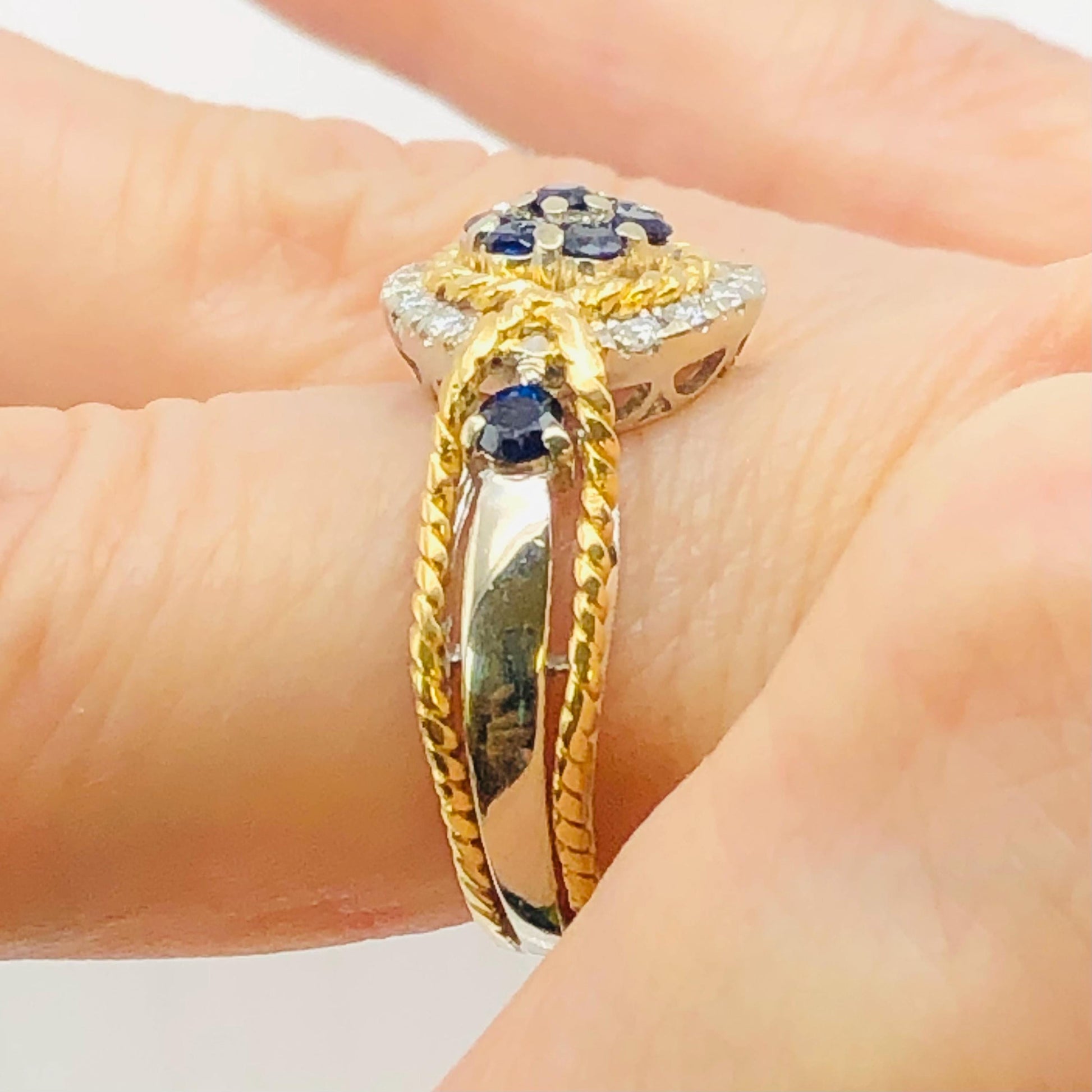 Vintage 18k Two-Tone Gold Sapphire Diamond Ring: September Birthstone, Size 7