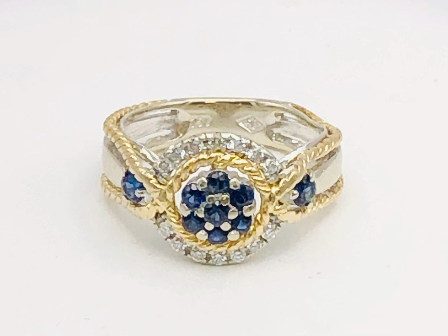 Vintage 18k Two-Tone Gold Sapphire Diamond Ring: September Birthstone, Size 7