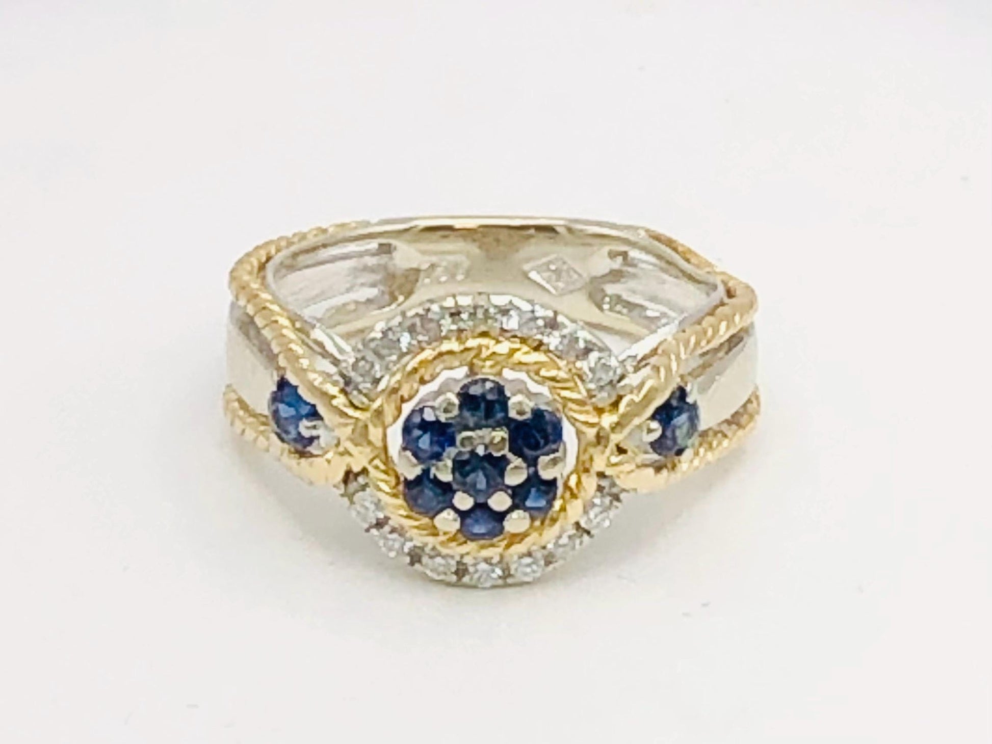 Vintage 18k Two-Tone Gold Sapphire Diamond Ring: September Birthstone, Size 7