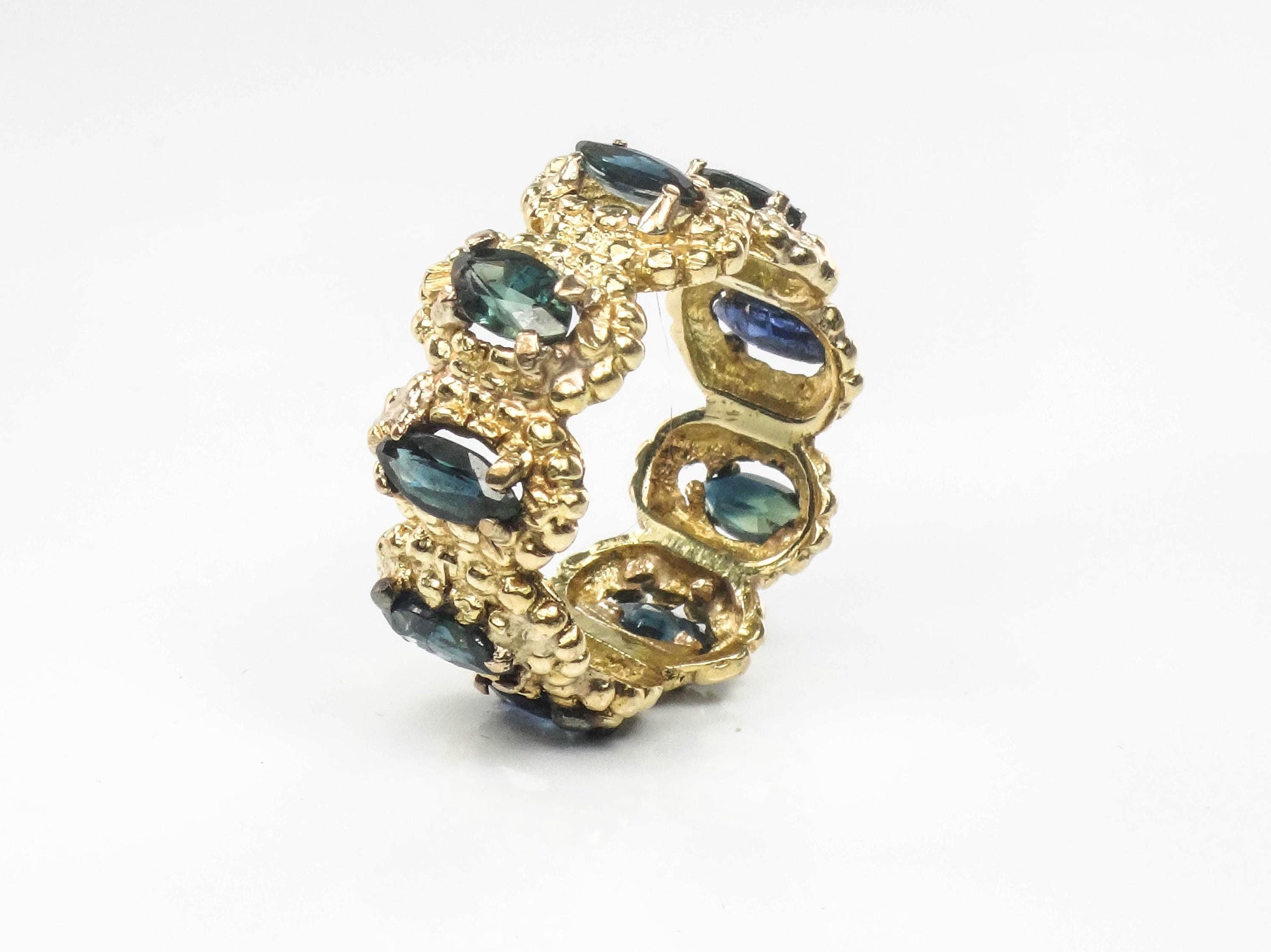 Vintage Wide 18k Yellow Gold Blue Marquise Natural Sapphire Eternity Ring Size 8.25