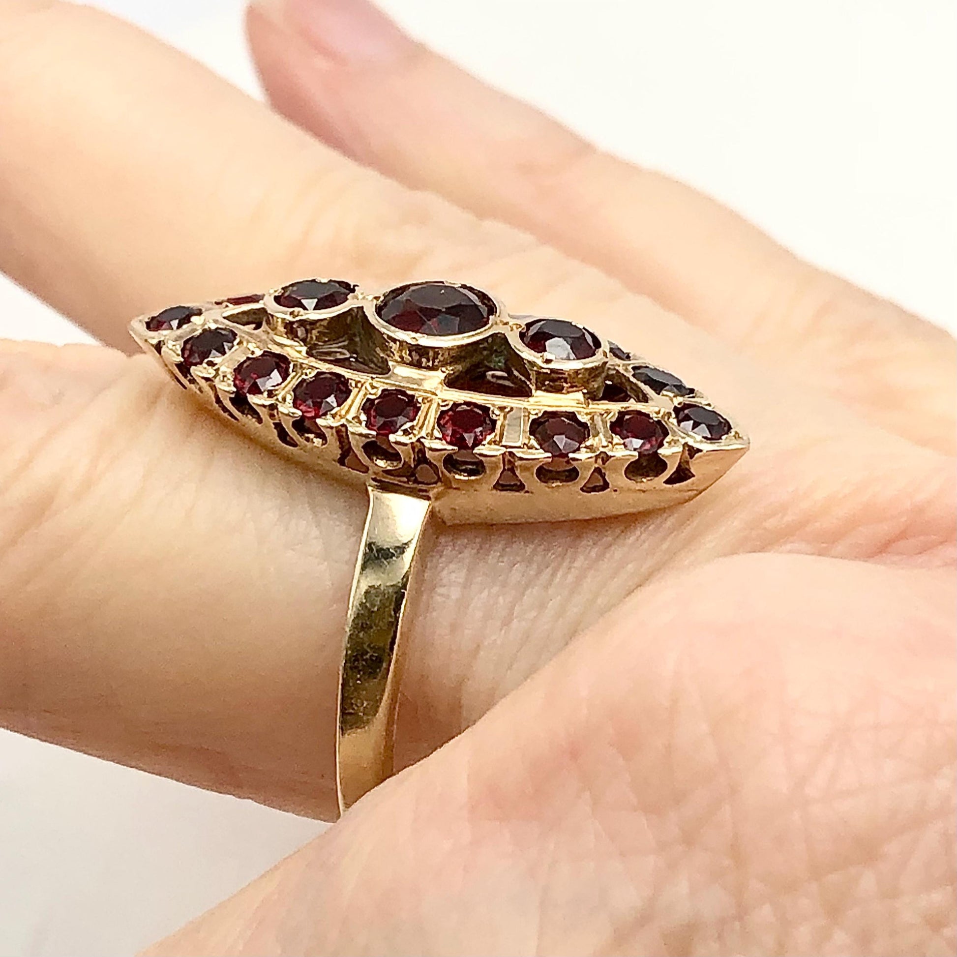 Vintage 14k Yellow Gold Garnet Cluster Ring - January Birthstone - 1960's - Adjustable