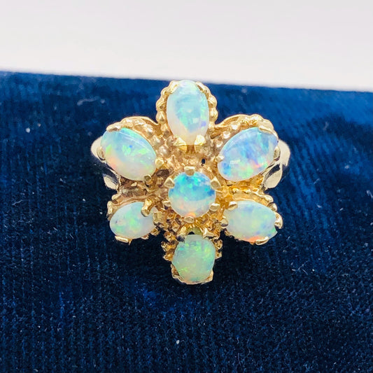 Vintage 14k Yellow Gold Floral Natural Opal Cluster Ring, October Birthstone Ring, Size 5.75