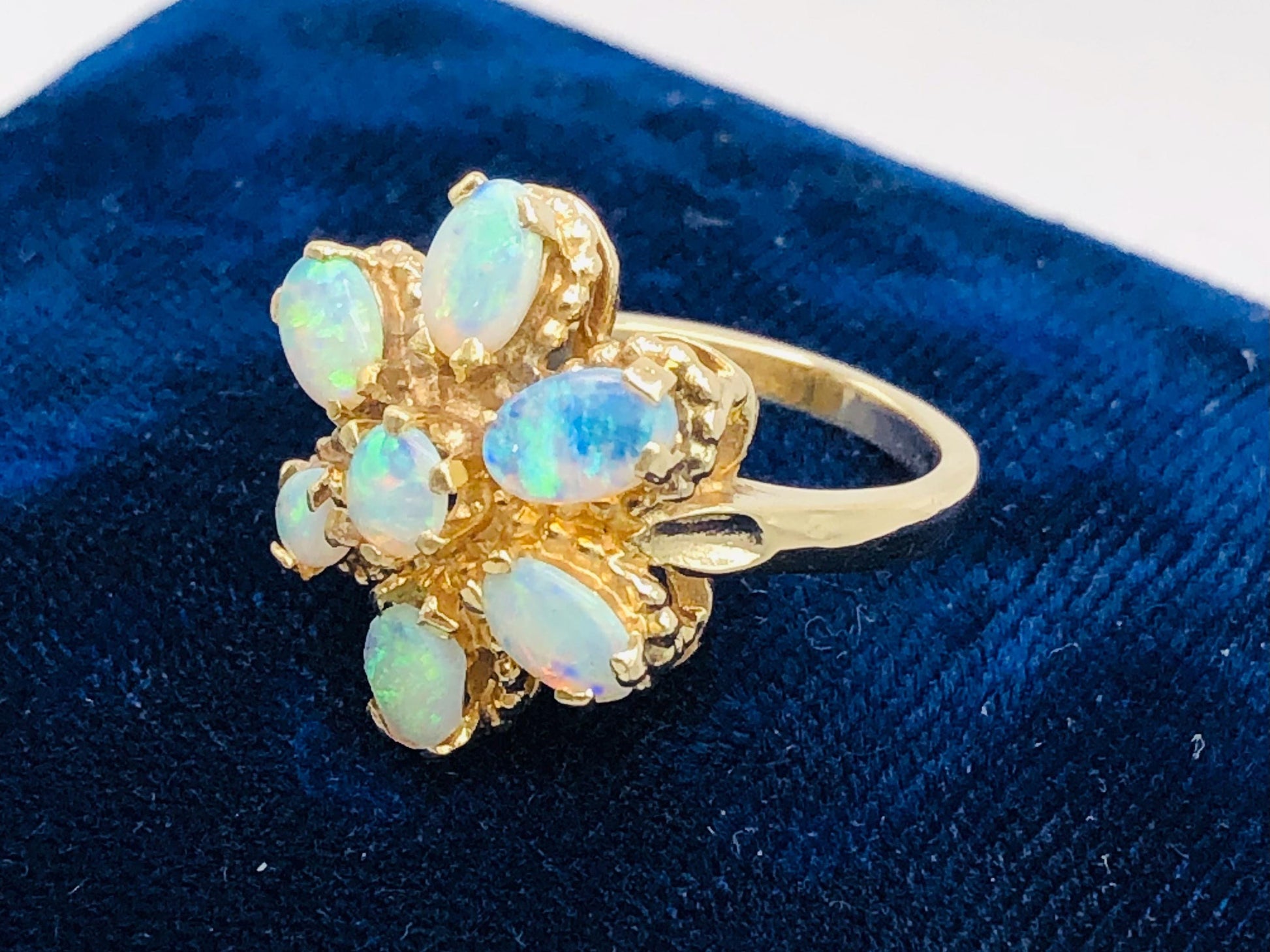 Vintage 14k Yellow Gold Floral Natural Opal Cluster Ring, October Birthstone Ring, Size 5.75