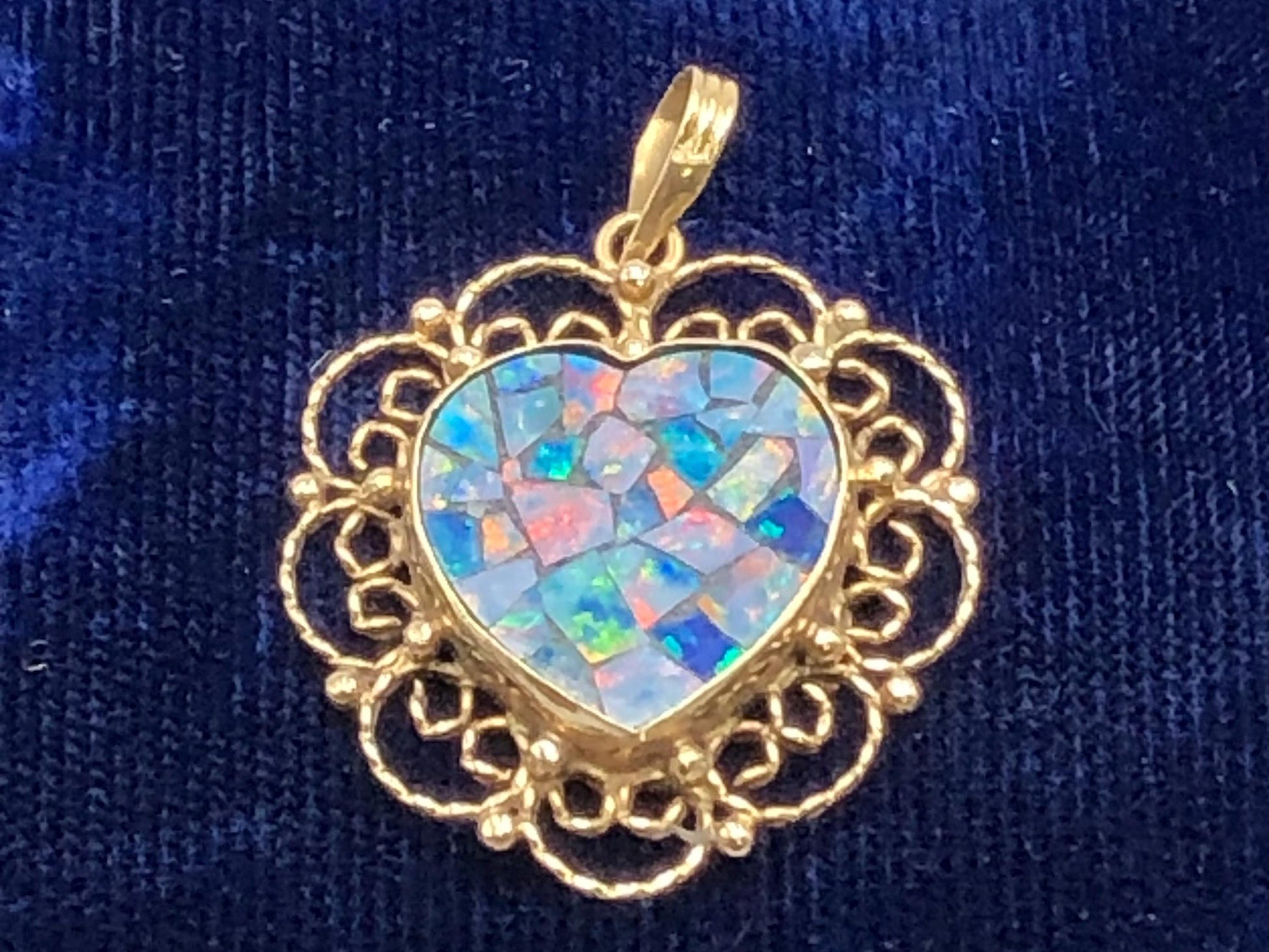 Vintage 14k Gold Mosaic Opal Heart Pendant, October Birthstone, Genuine Opal Doublet Pendant