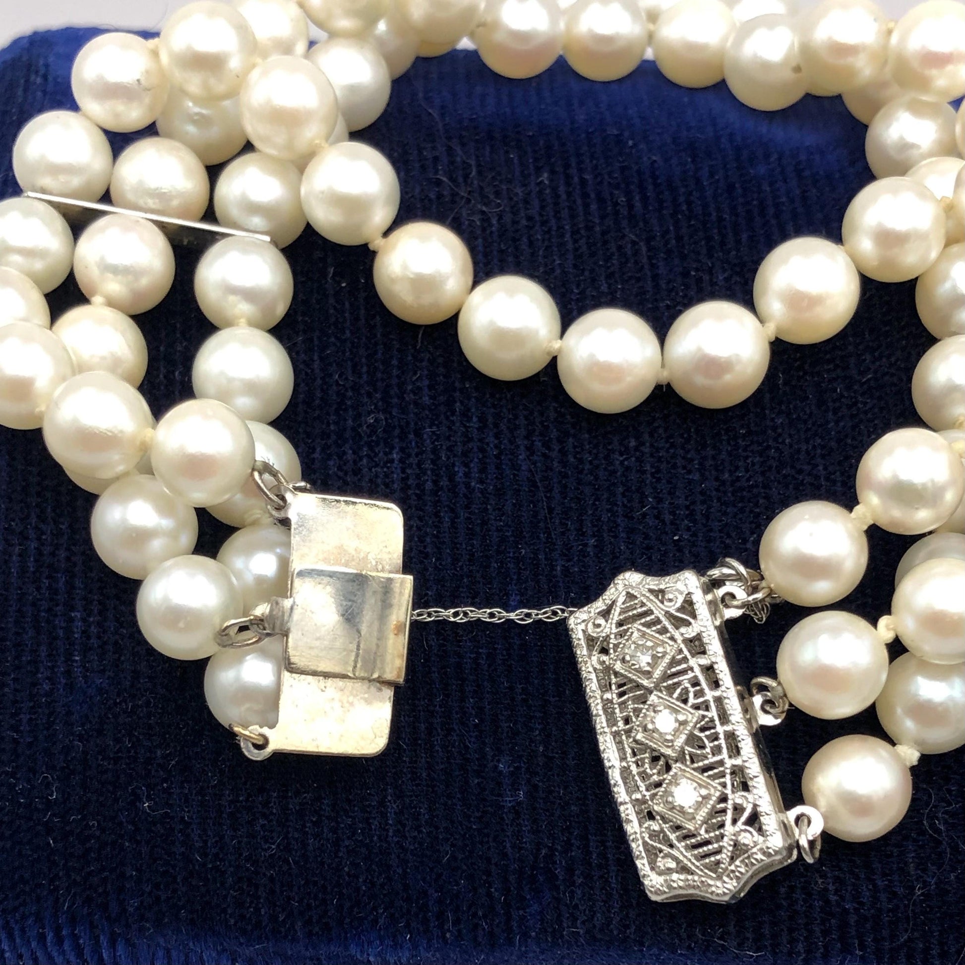 Vintage 14k White Gold Filigree and Diamond Triple Strand Pearl Bracelet, Saltwater Cultured Pearl Bridal Jewelry, 6.5"