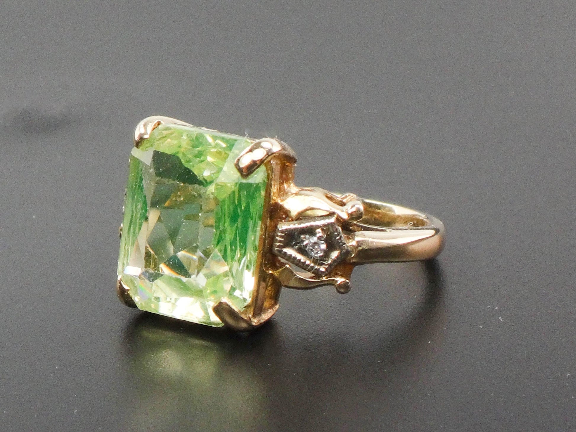 Vintage 14k Gold Green Spinel and Diamond Ring, Green Rectangle Cut August Birthstone Ring, Size 6