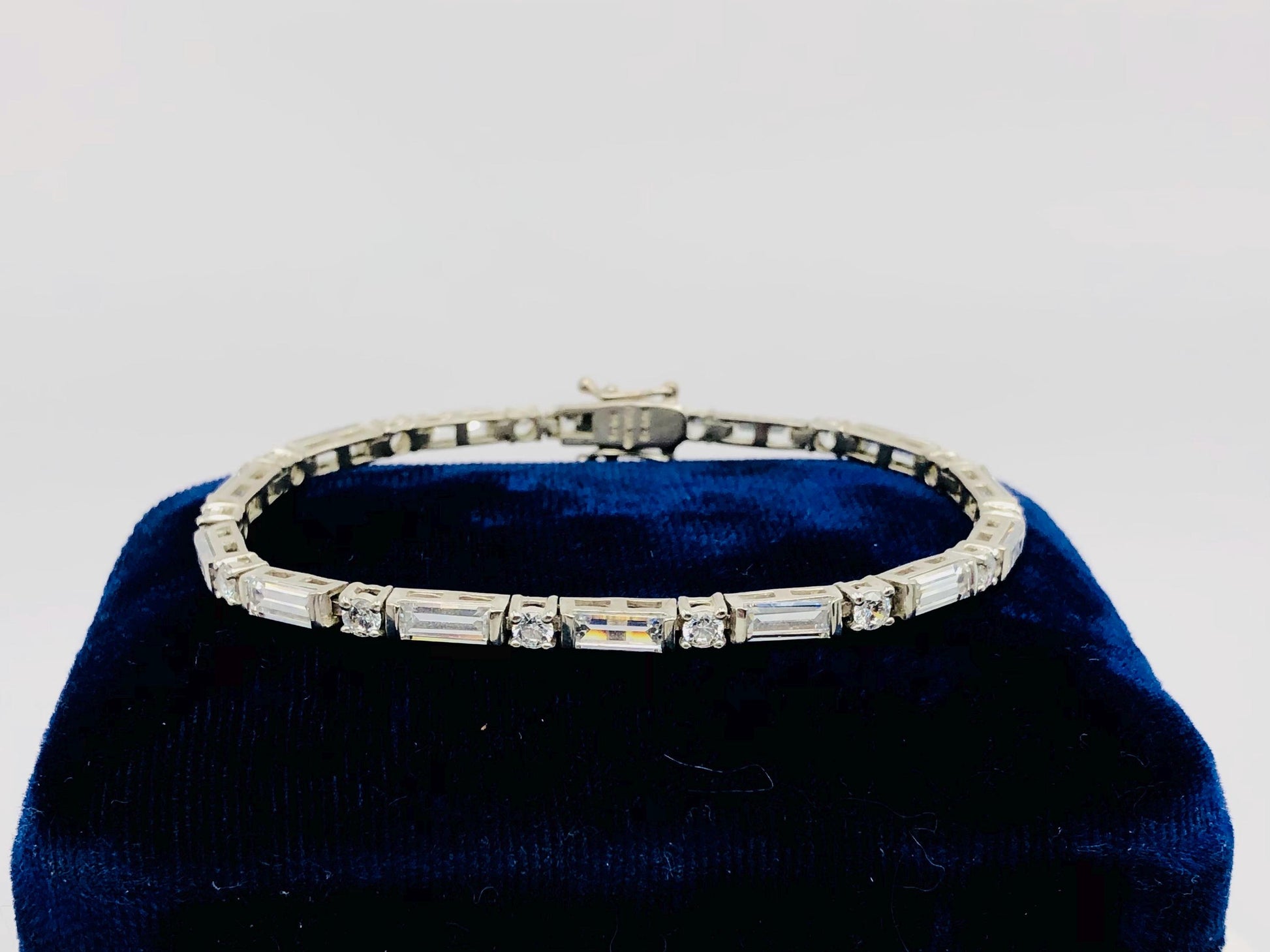Sterling Silver Cubic Zirconia Tennis Bracelet with Round and Baguette Cuts 7" - Fine Vintage Jewelry