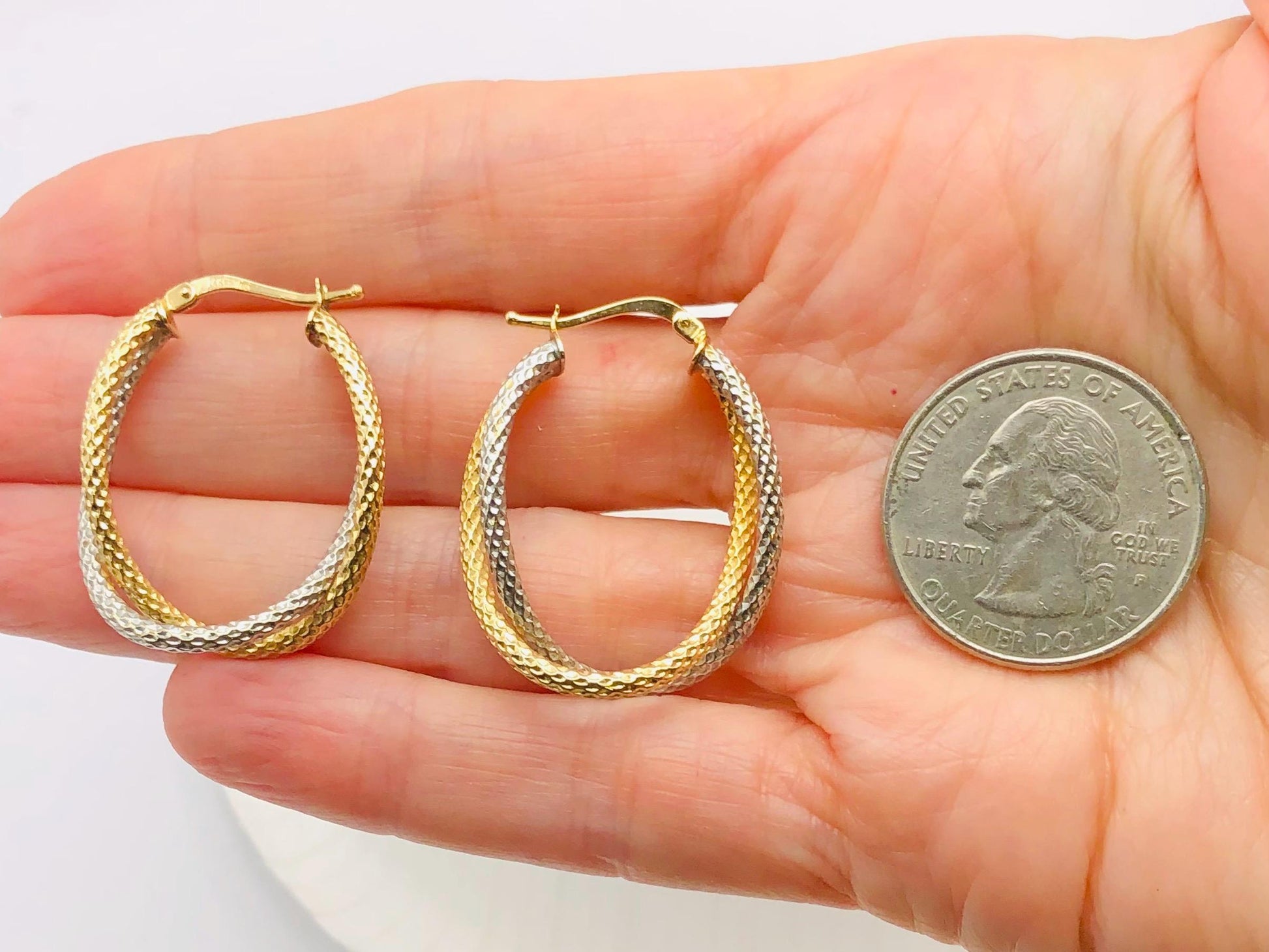 14k Gold Double Hoop Earrings - Two Tone White and Yellow Oval Shaped - Vintage Fine Jewelry