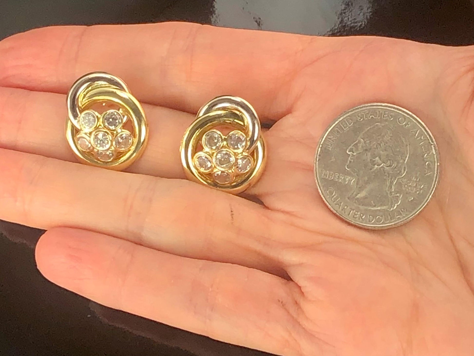 Vintage 18k Two Tone Gold Cubic Zirconia Stud Earrings, Large Floral CZ Studs