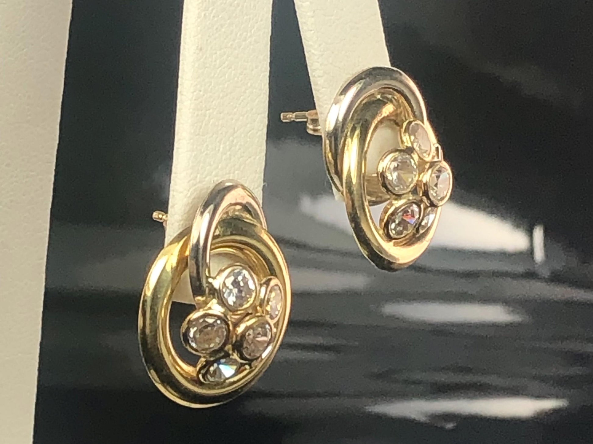 Vintage 18k Two Tone Gold Cubic Zirconia Stud Earrings, Large Floral CZ Studs