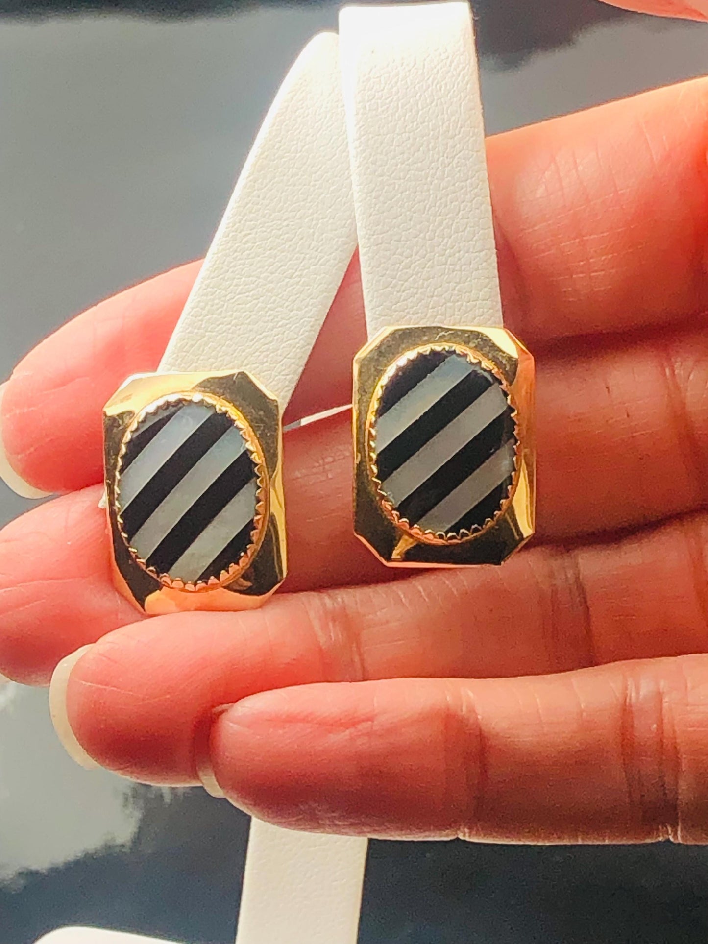 Vintage 14k Yellow Gold Black Onyx and Mother of Pearl Stud Earrings, Striped Octagon Shaped Studs