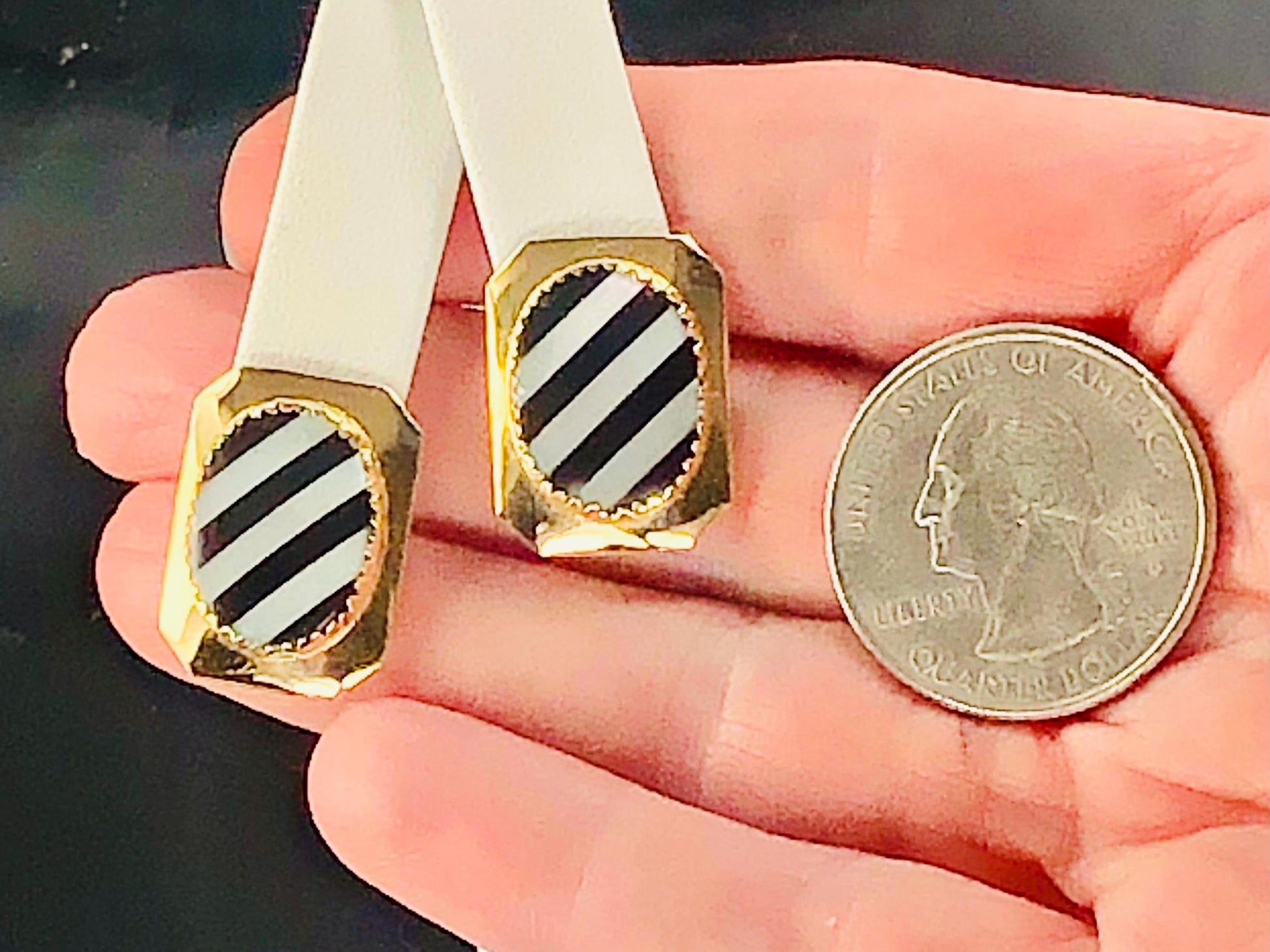 Vintage 14k Yellow Gold Black Onyx and Mother of Pearl Stud Earrings, Striped Octagon Shaped Studs