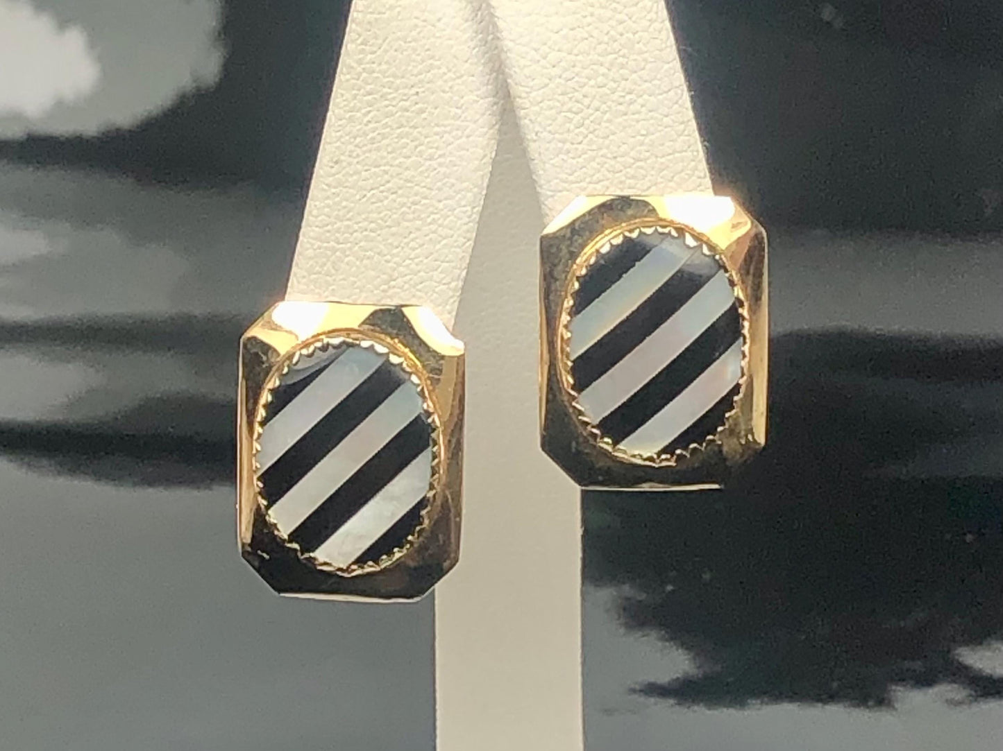 Vintage 14k Yellow Gold Black Onyx and Mother of Pearl Stud Earrings, Striped Octagon Shaped Studs