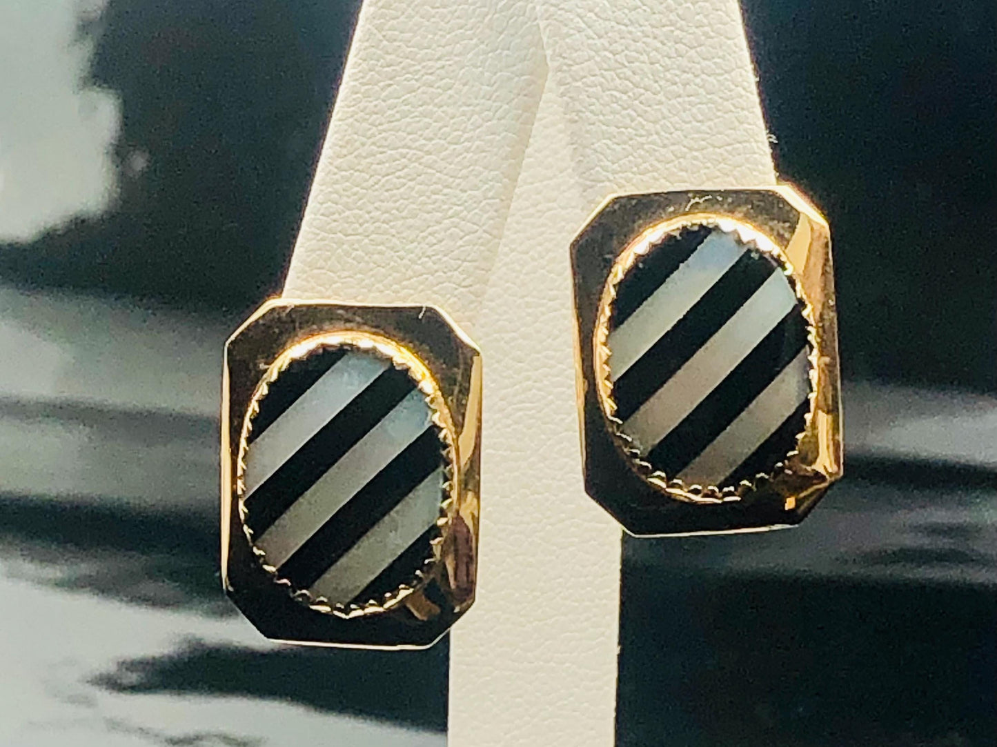 Vintage 14k Yellow Gold Black Onyx and Mother of Pearl Stud Earrings, Striped Octagon Shaped Studs
