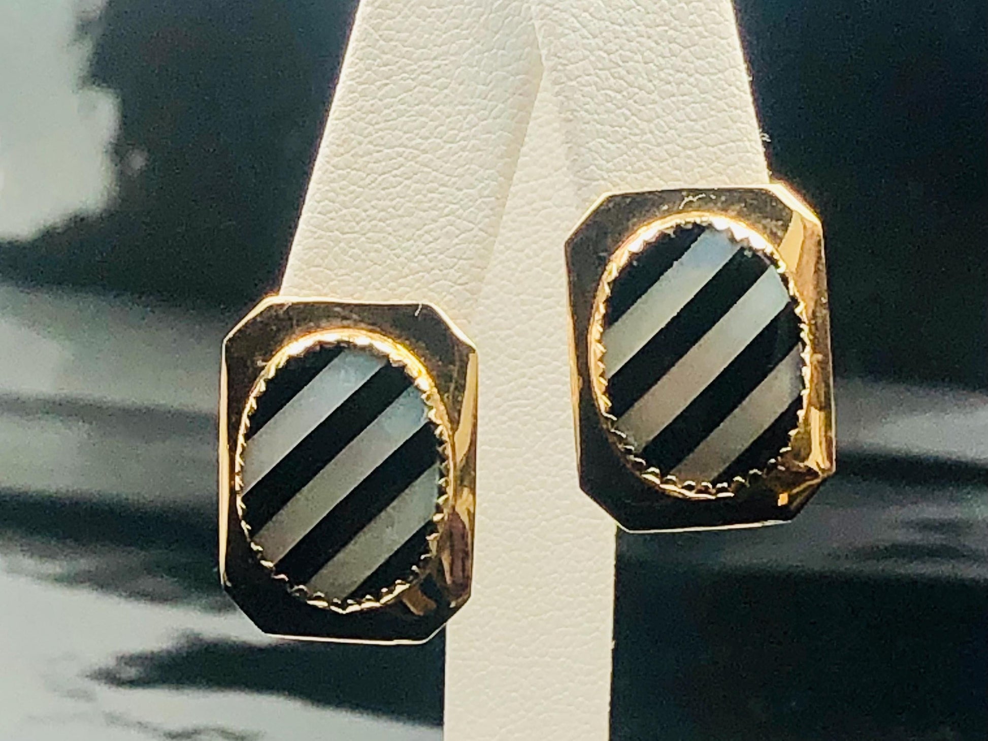 Vintage 14k Yellow Gold Black Onyx and Mother of Pearl Stud Earrings, Striped Octagon Shaped Studs