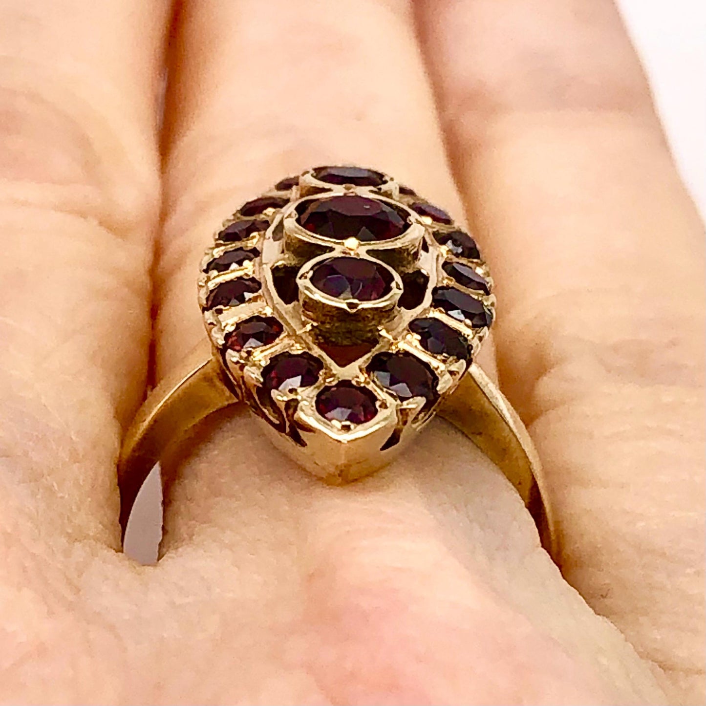 Vintage 14k Yellow Gold Garnet Cluster Ring - January Birthstone - 1960's - Adjustable