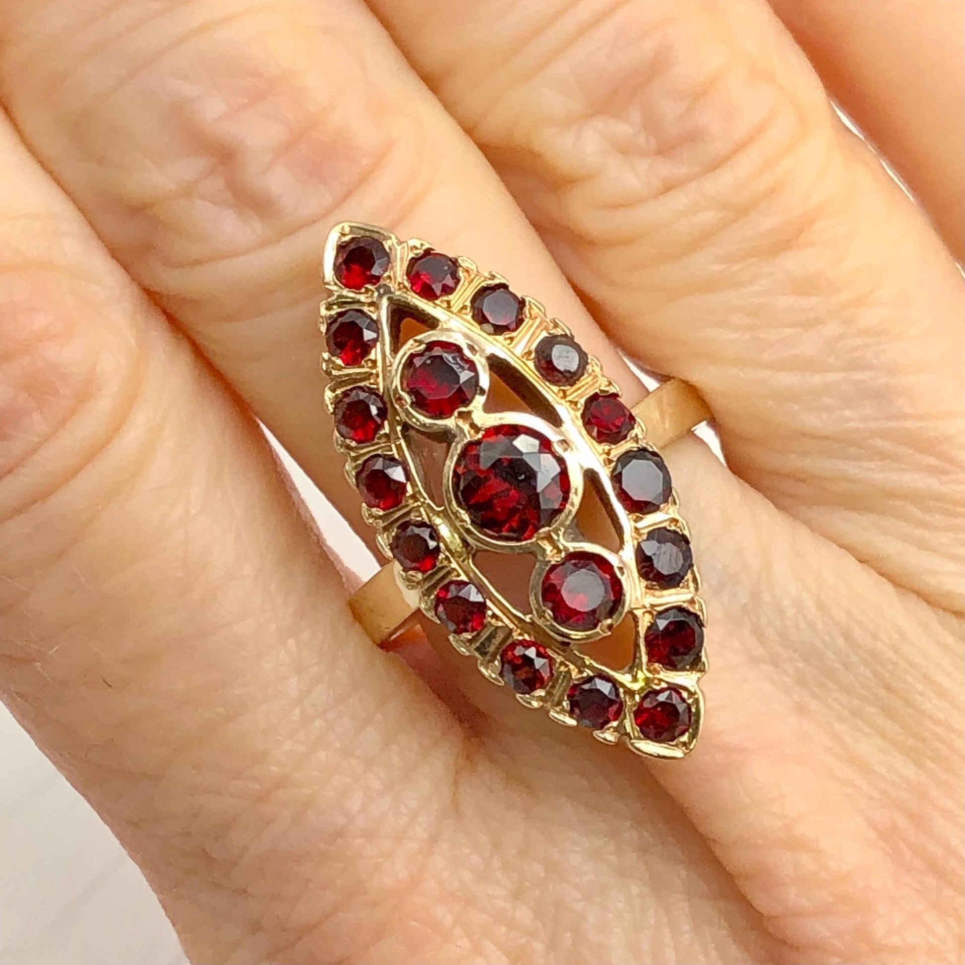 Vintage 14k Yellow Gold Garnet Cluster Ring - January Birthstone - 1960's - Adjustable