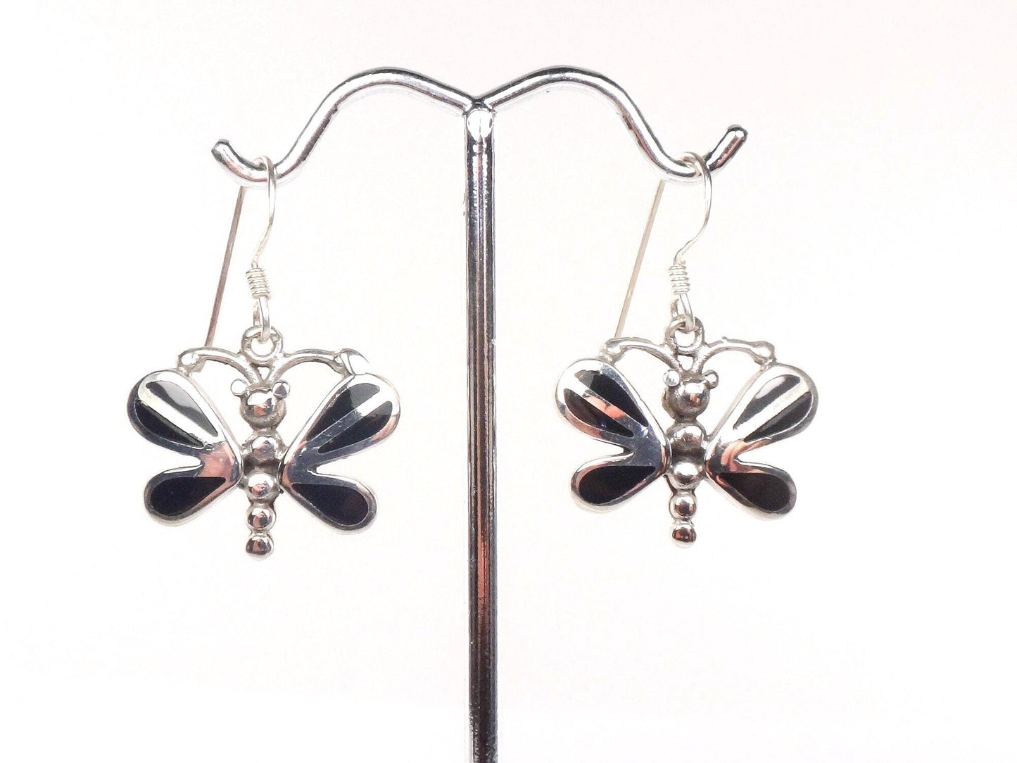Vintage Sterling Silver Black Onyx Butterfly Earrings with Ear Wires