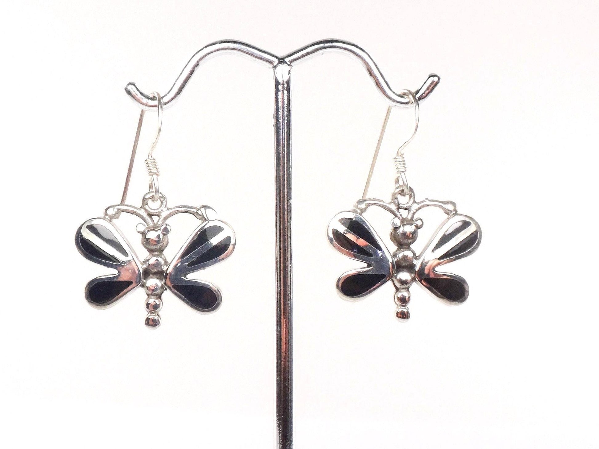 Vintage Sterling Silver Black Onyx Butterfly Earrings with Ear Wires
