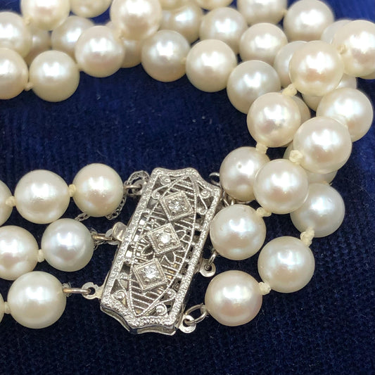 Vintage 14k White Gold Filigree and Diamond Triple Strand Pearl Bracelet, Saltwater Cultured Pearl Bridal Jewelry, 6.5"