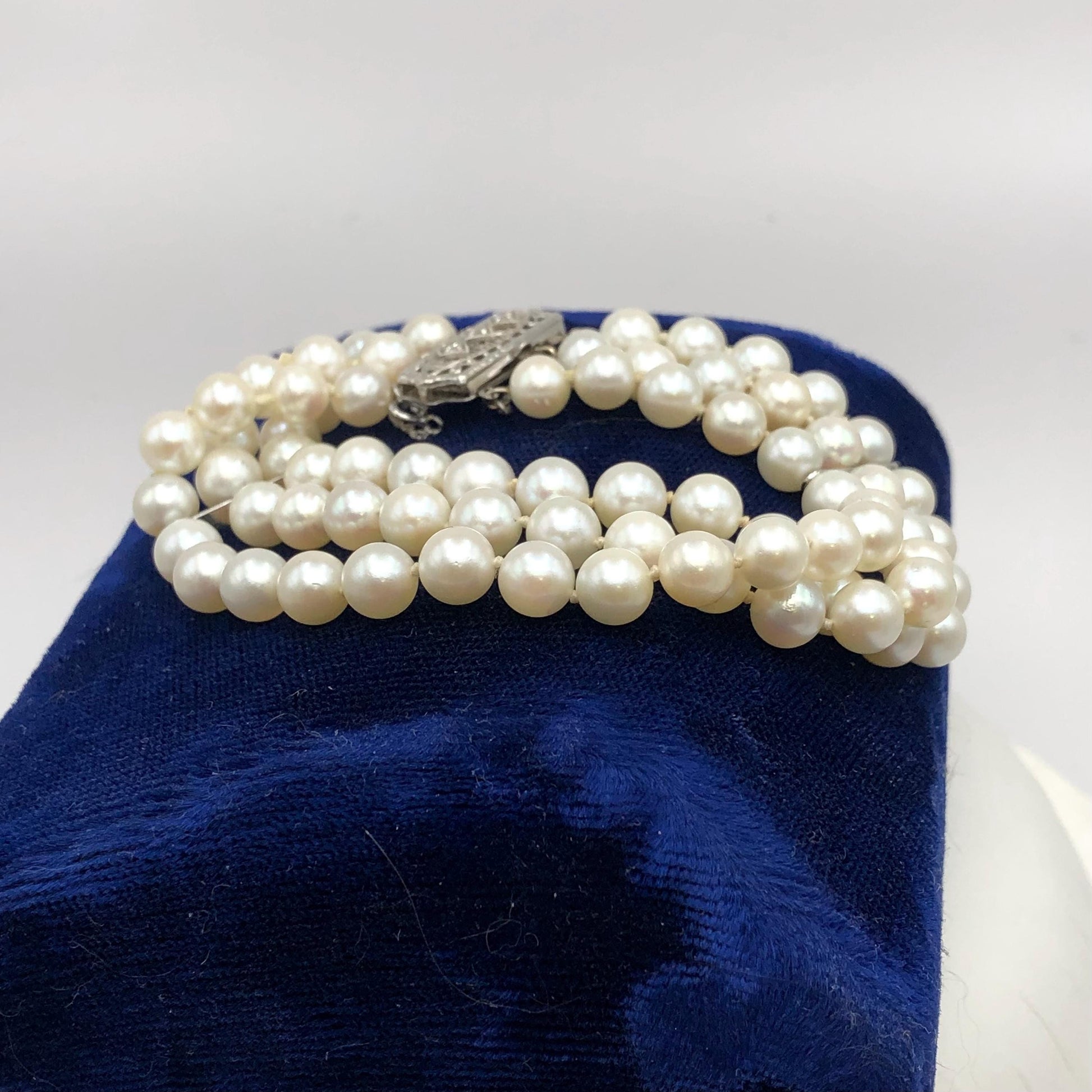 Vintage 14k White Gold Filigree and Diamond Triple Strand Pearl Bracelet, Saltwater Cultured Pearl Bridal Jewelry, 6.5"