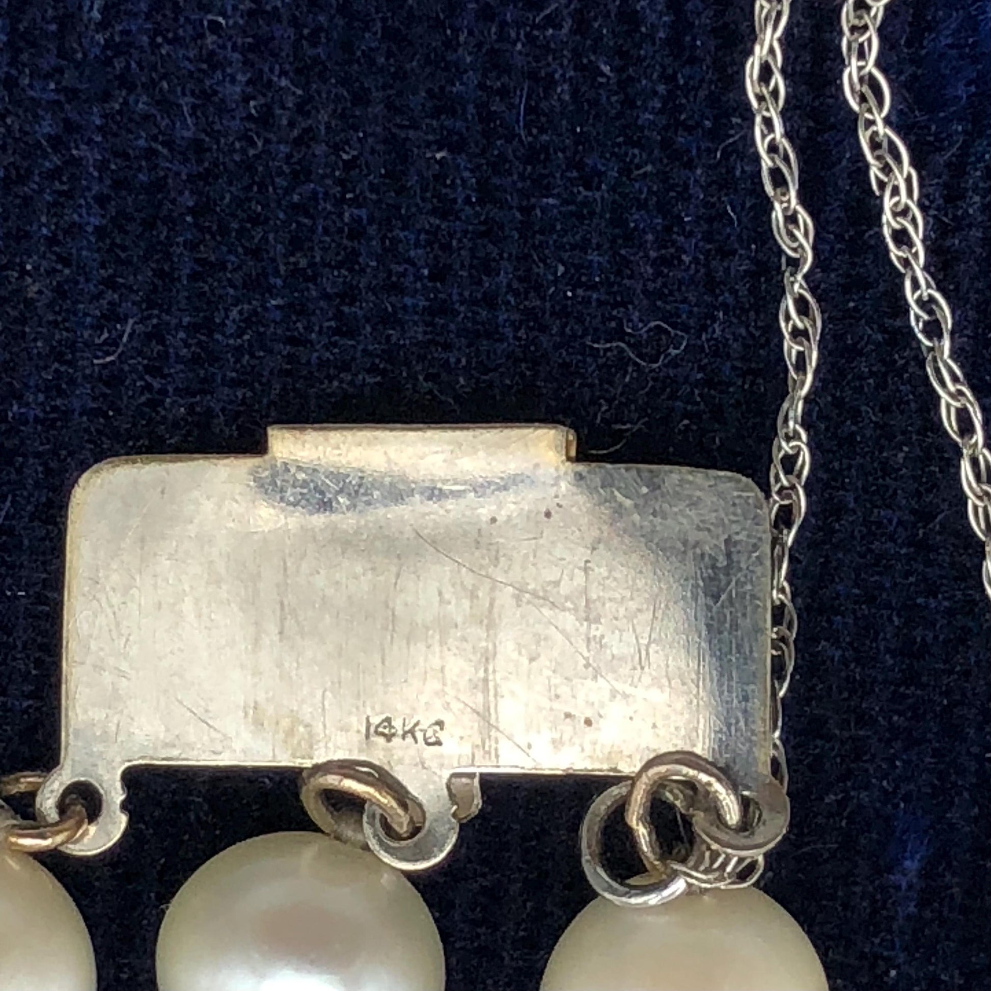Vintage 14k White Gold Filigree and Diamond Triple Strand Pearl Bracelet, Saltwater Cultured Pearl Bridal Jewelry, 6.5"