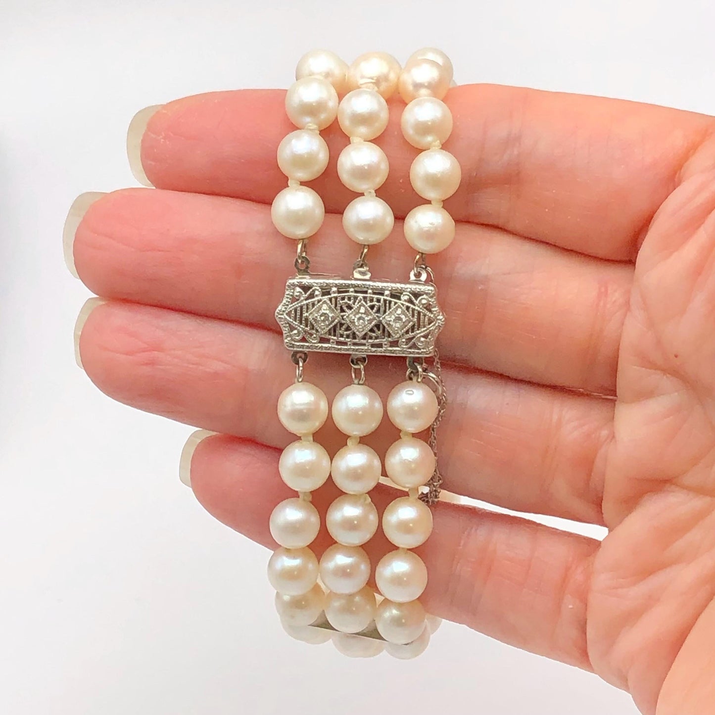 Vintage 14k White Gold Filigree and Diamond Triple Strand Pearl Bracelet, Saltwater Cultured Pearl Bridal Jewelry, 6.5"