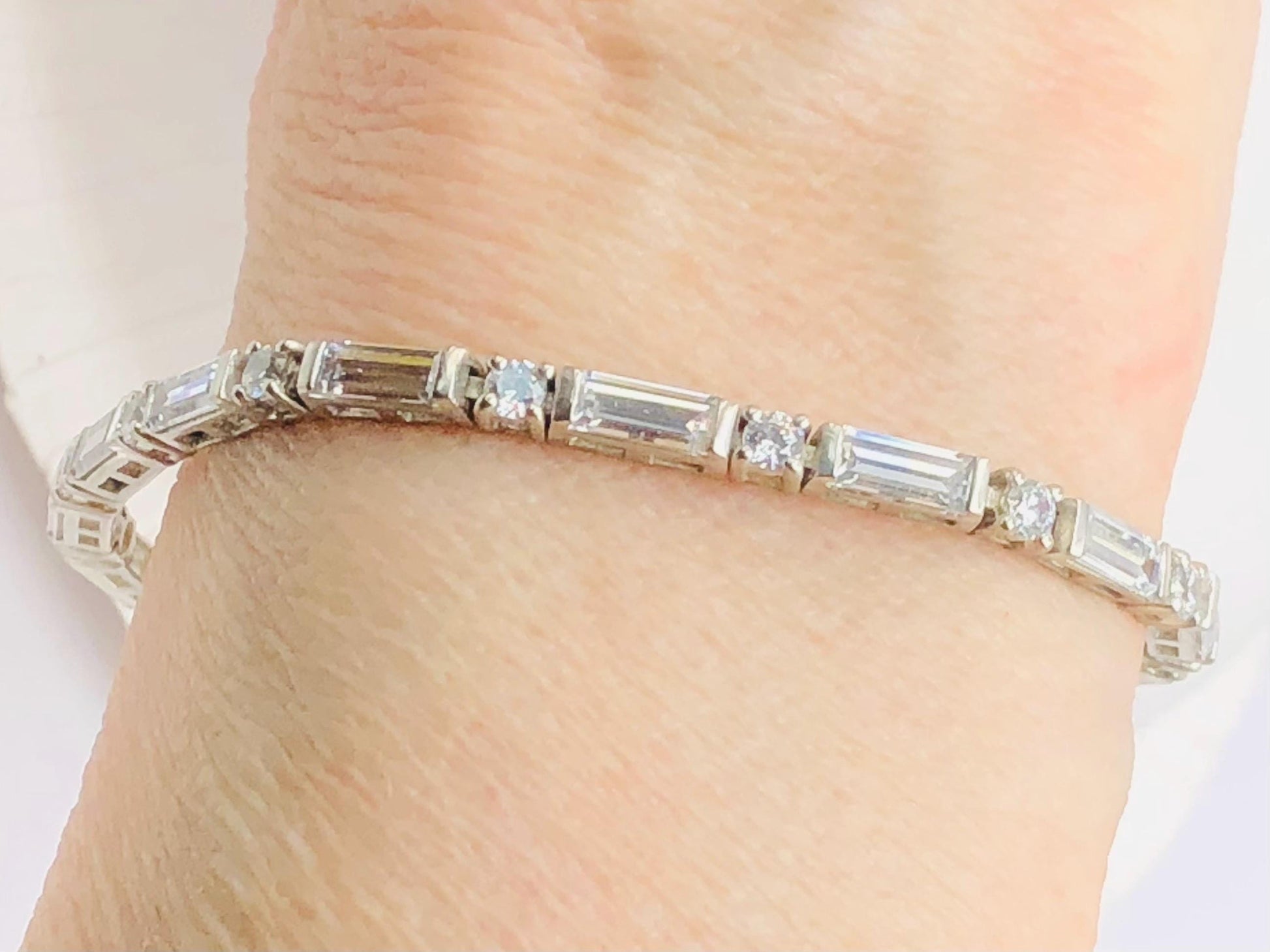 Sterling Silver Cubic Zirconia Tennis Bracelet with Round and Baguette Cuts 7" - Fine Vintage Jewelry