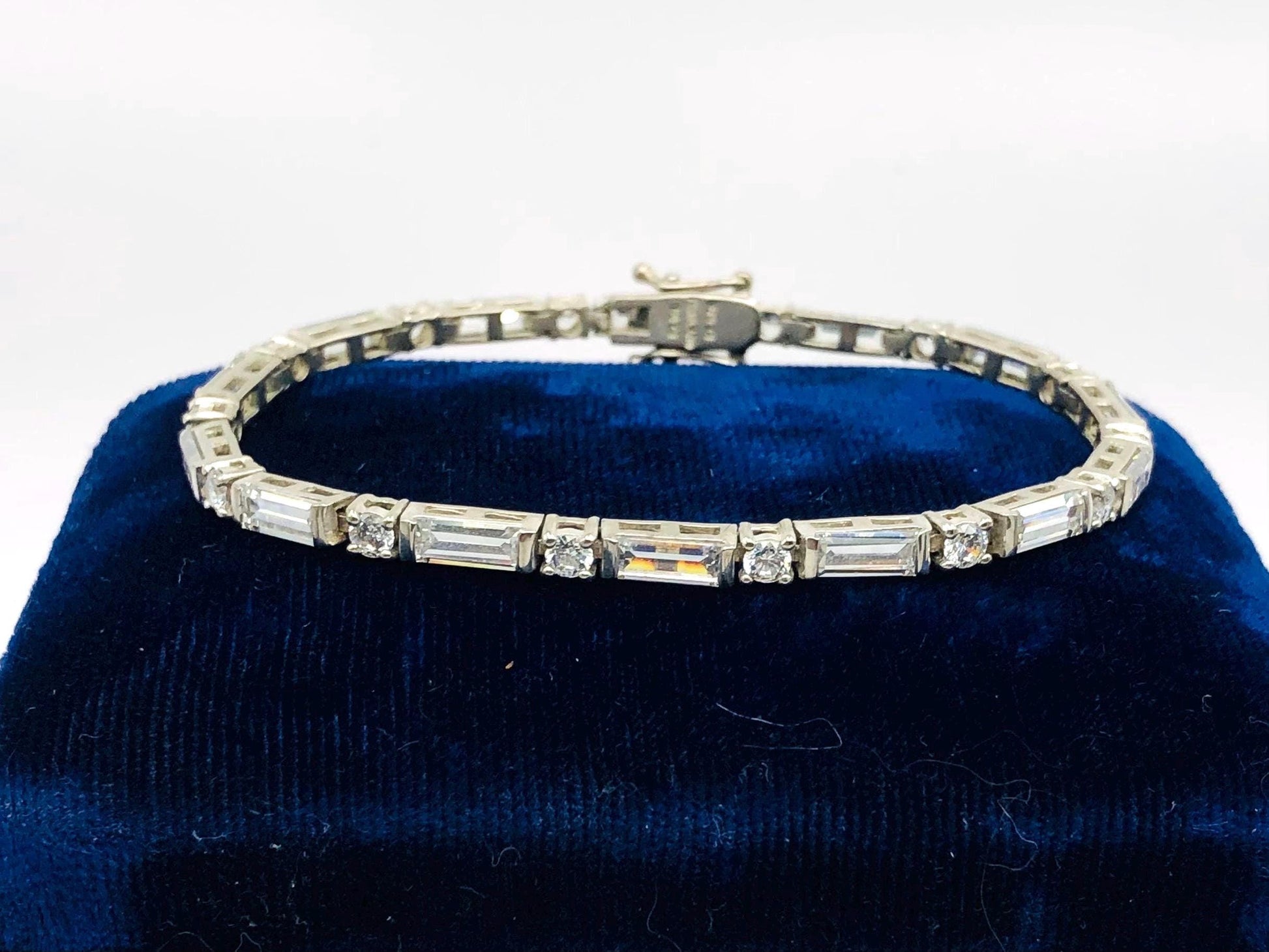 Sterling Silver Cubic Zirconia Tennis Bracelet with Round and Baguette Cuts 7" - Fine Vintage Jewelry