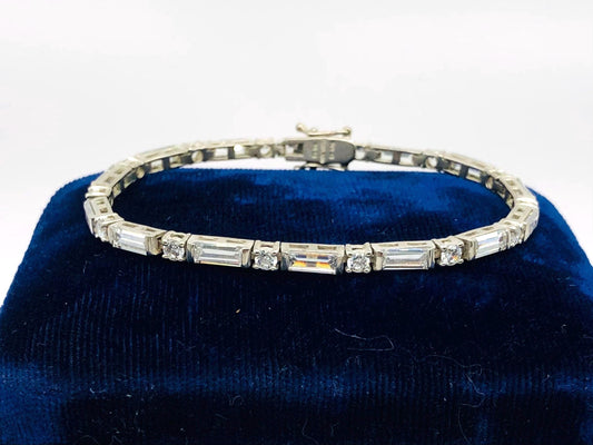 Sterling Silver Cubic Zirconia Tennis Bracelet with Round and Baguette Cuts 7" - Fine Vintage Jewelry