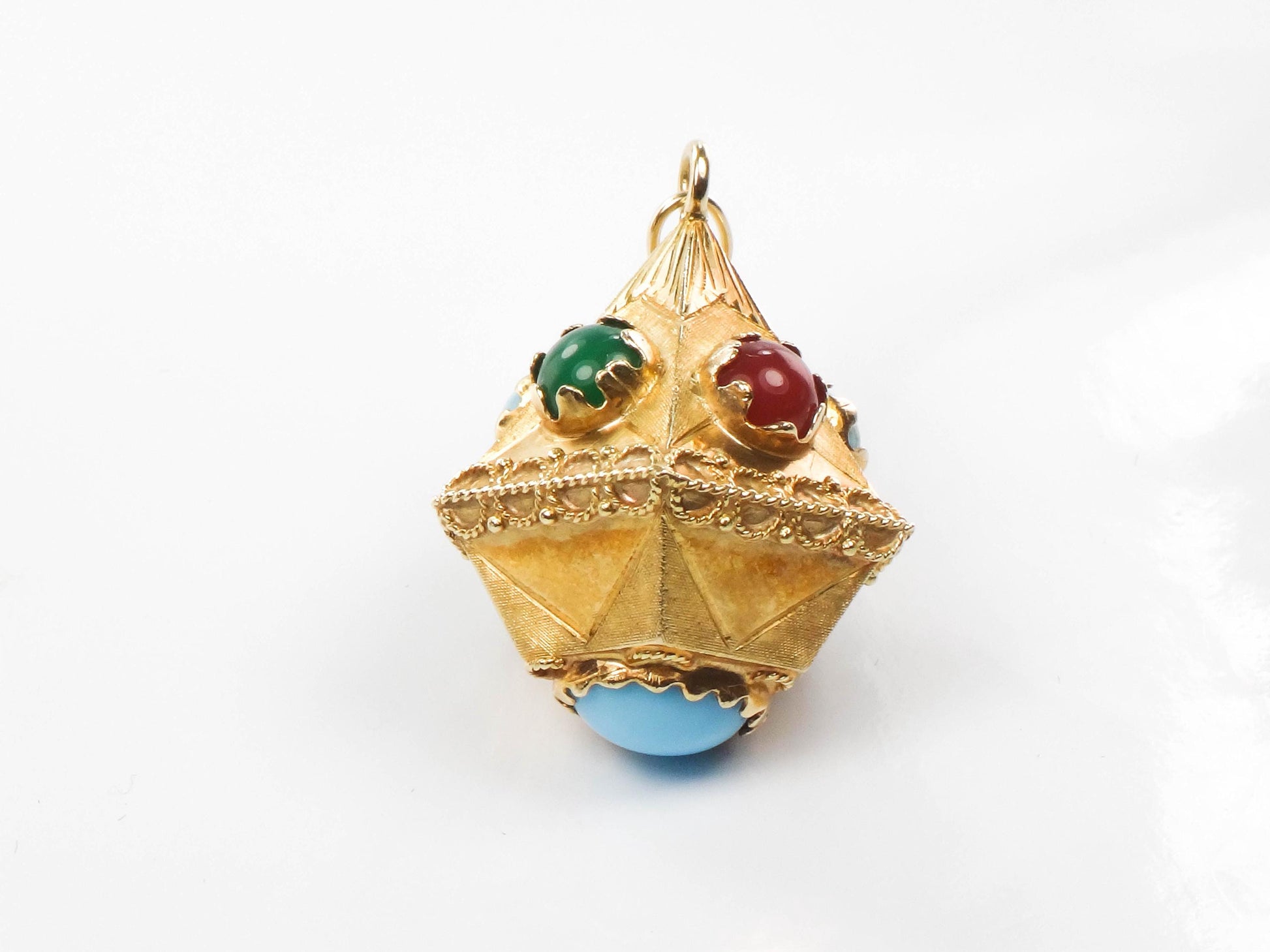 Vintage Large 18k Gold Turquoise and Colored Gemstone Charm Pendant, Italian Etruscan Revival Charm
