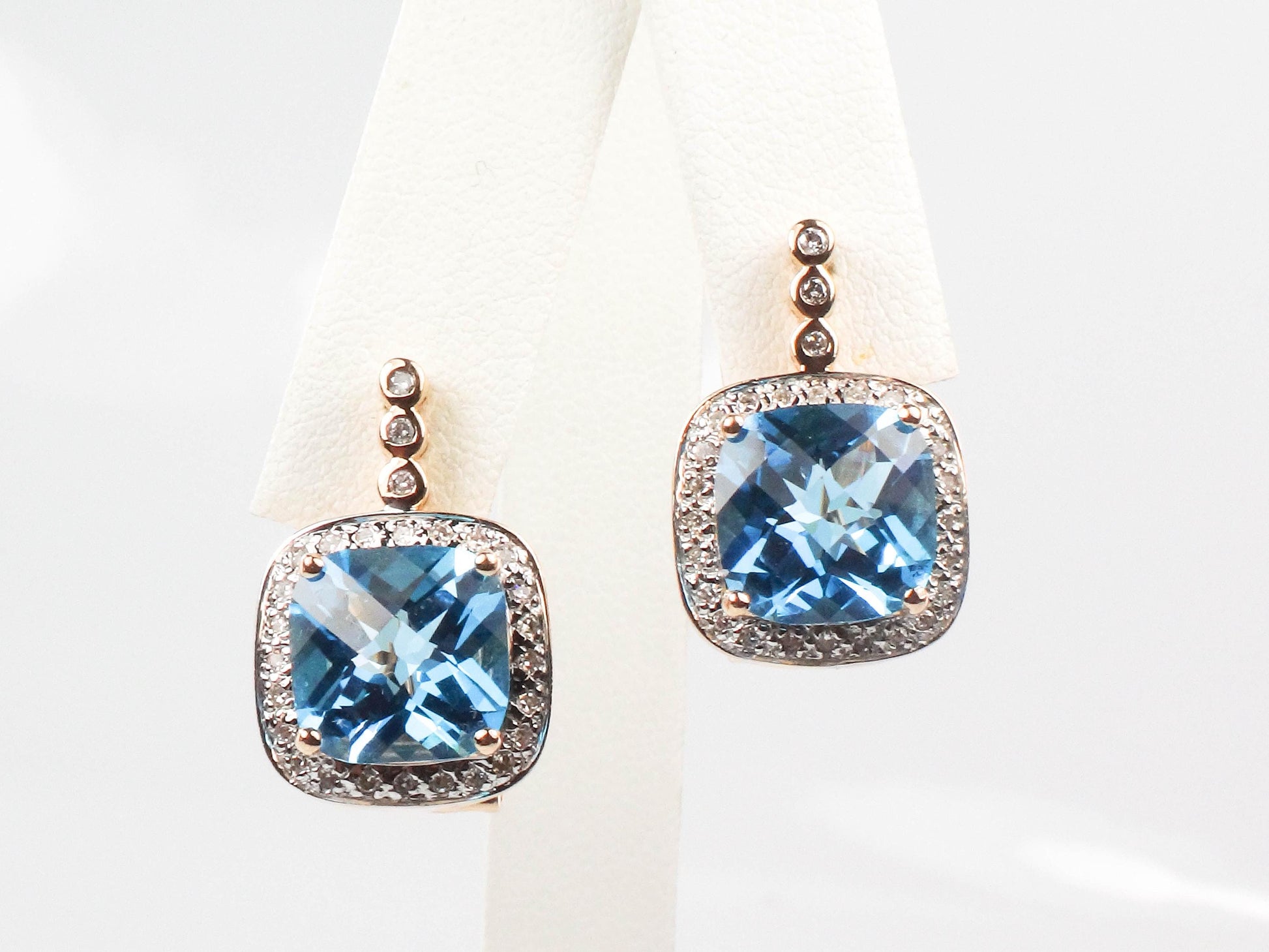 Vintage 14k Gold Blue Topaz and Diamond Halo Earrings with Omega Backs