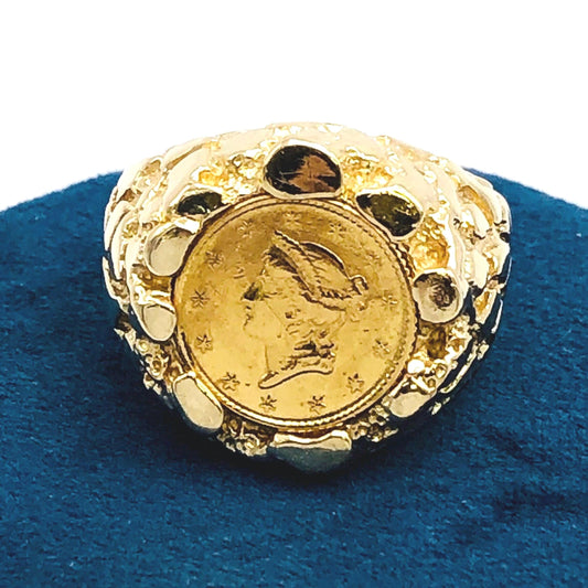 Genuine 1 Dollar Gold Liberty Head Coin Ring American Gold Coin with 14k Nugget Style Ring - Size 9.5
