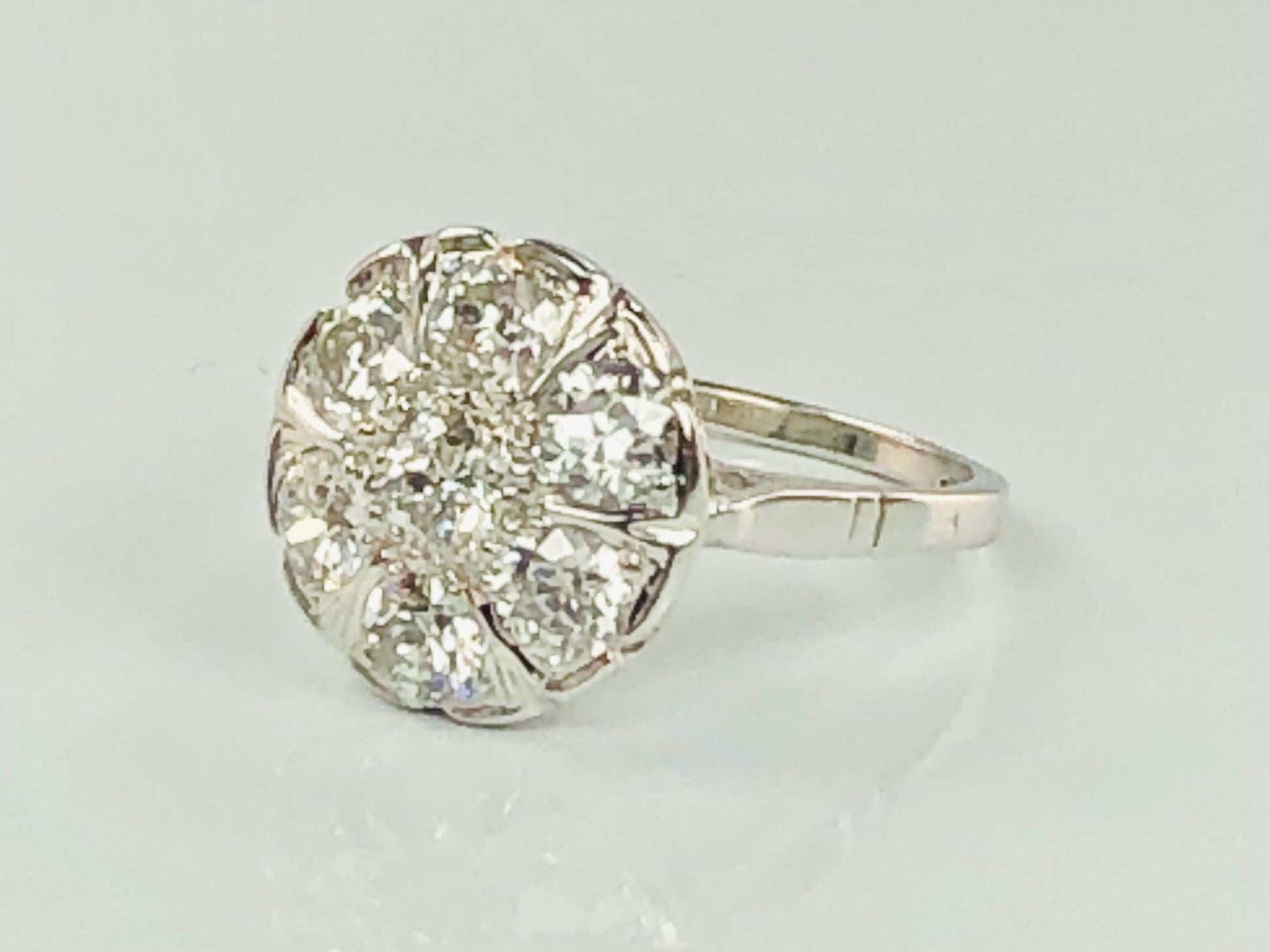 Art Deco Diamond Cluster Ring: 14k White Gold, Old European Cut, 1.75 Carat