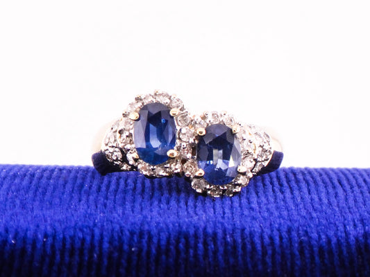 Vintage 14k Yellow Gold Sapphire Diamond Halo Ring Natural Blue Sapphire Ring with Natural Diamonds September Birthstone Ring Size 6 3/4