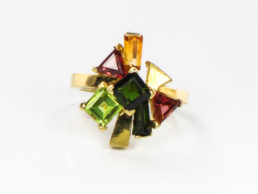 Vintage 18k Modern Multi-Colored Gemstone Cluster Ring, Italian Gold Tourmaline Citrine & Peridot Ring, Size 7