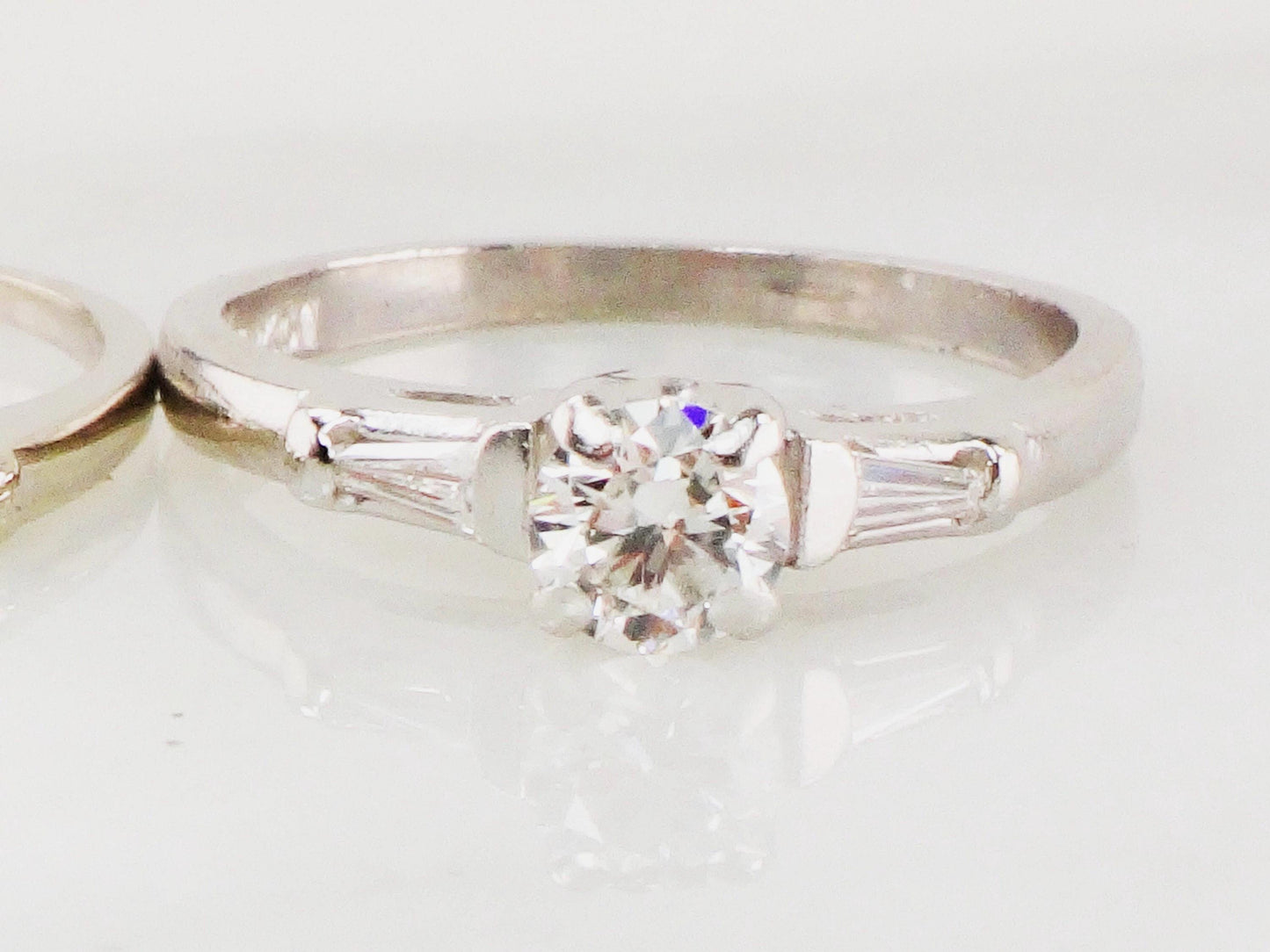 Vintage Diamond Wedding Ring Set: Platinum Engagement Ring, 14k Gold Band