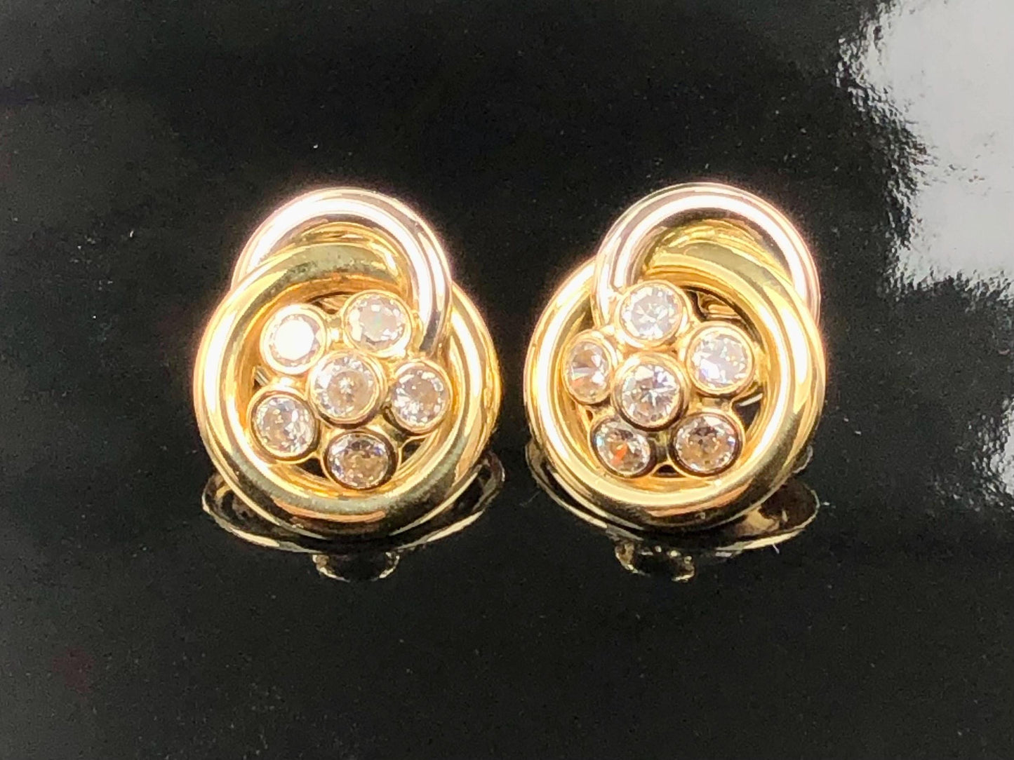 Vintage 18k Two Tone Gold Cubic Zirconia Stud Earrings, Large Floral CZ Studs