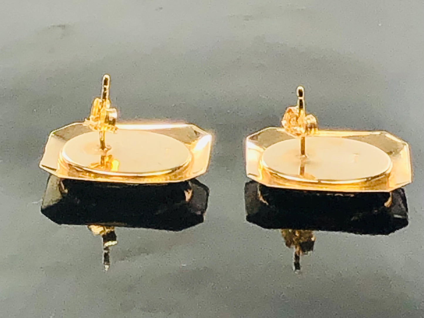 Vintage 14k Yellow Gold Black Onyx and Mother of Pearl Stud Earrings, Striped Octagon Shaped Studs