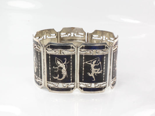Vintage Siam Sterling Bracelet Heavy 61 Grams Siam Silver Goddess and Mermaid Princess Bracelet Wide Nielloware Thailand Siam Bracelet 7"