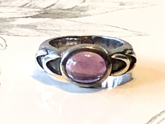 Vintage Sterling Silver Amethyst Ring Heavy Silver Oval Purple Stone Ring February Birthstone Size 6.5