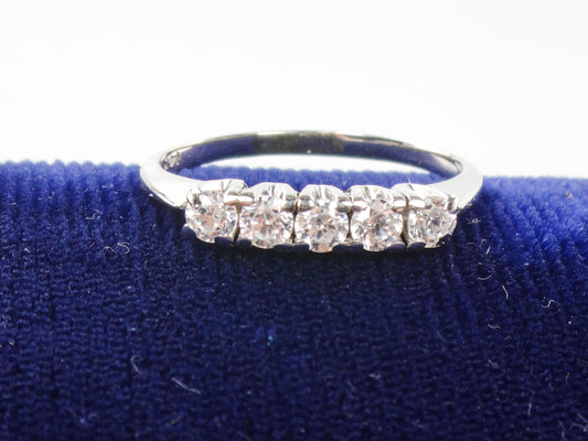 Vintage 14k White Gold Cubic Zirconia Wedding Band Five Stone Wedding Ring Stacking Ring Size 8
