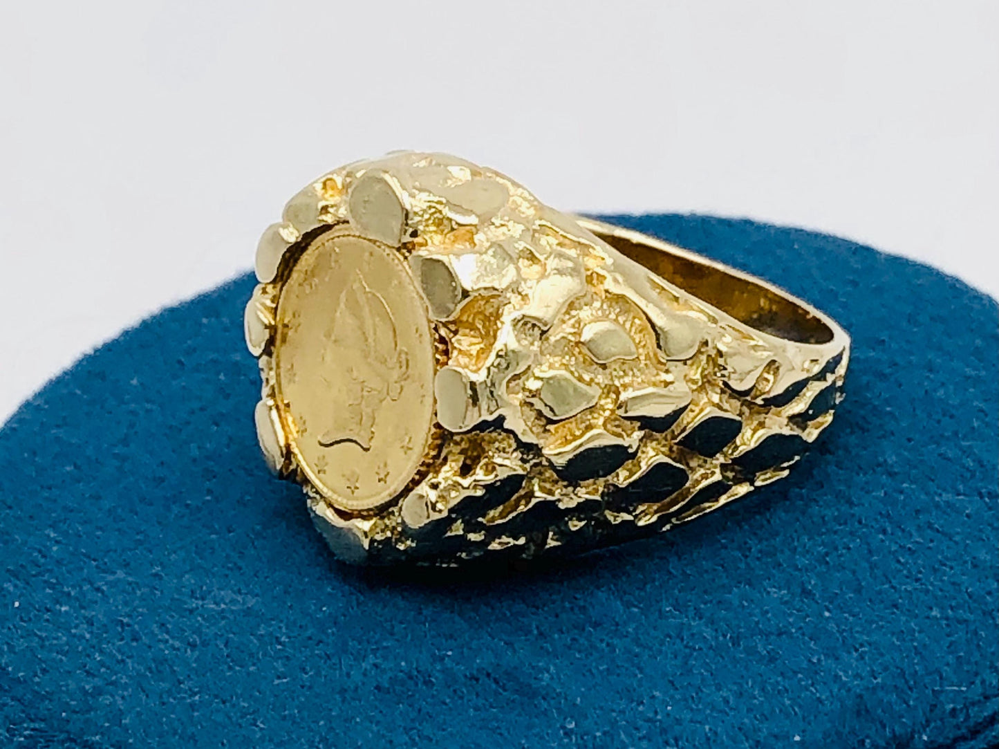 Genuine 1 Dollar Gold Liberty Head Coin Ring American Gold Coin with 14k Nugget Style Ring - Size 9.5