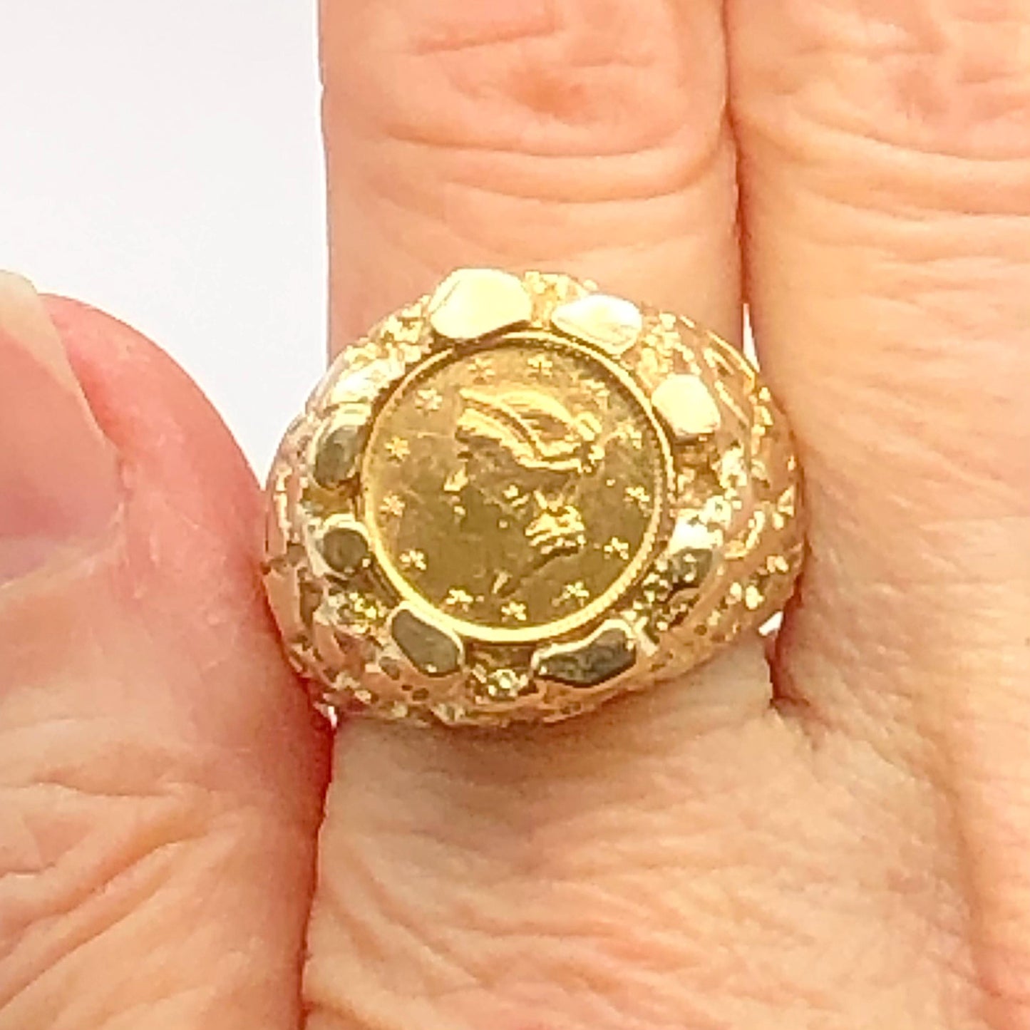 Genuine 1 Dollar Gold Liberty Head Coin Ring American Gold Coin with 14k Nugget Style Ring - Size 9.5