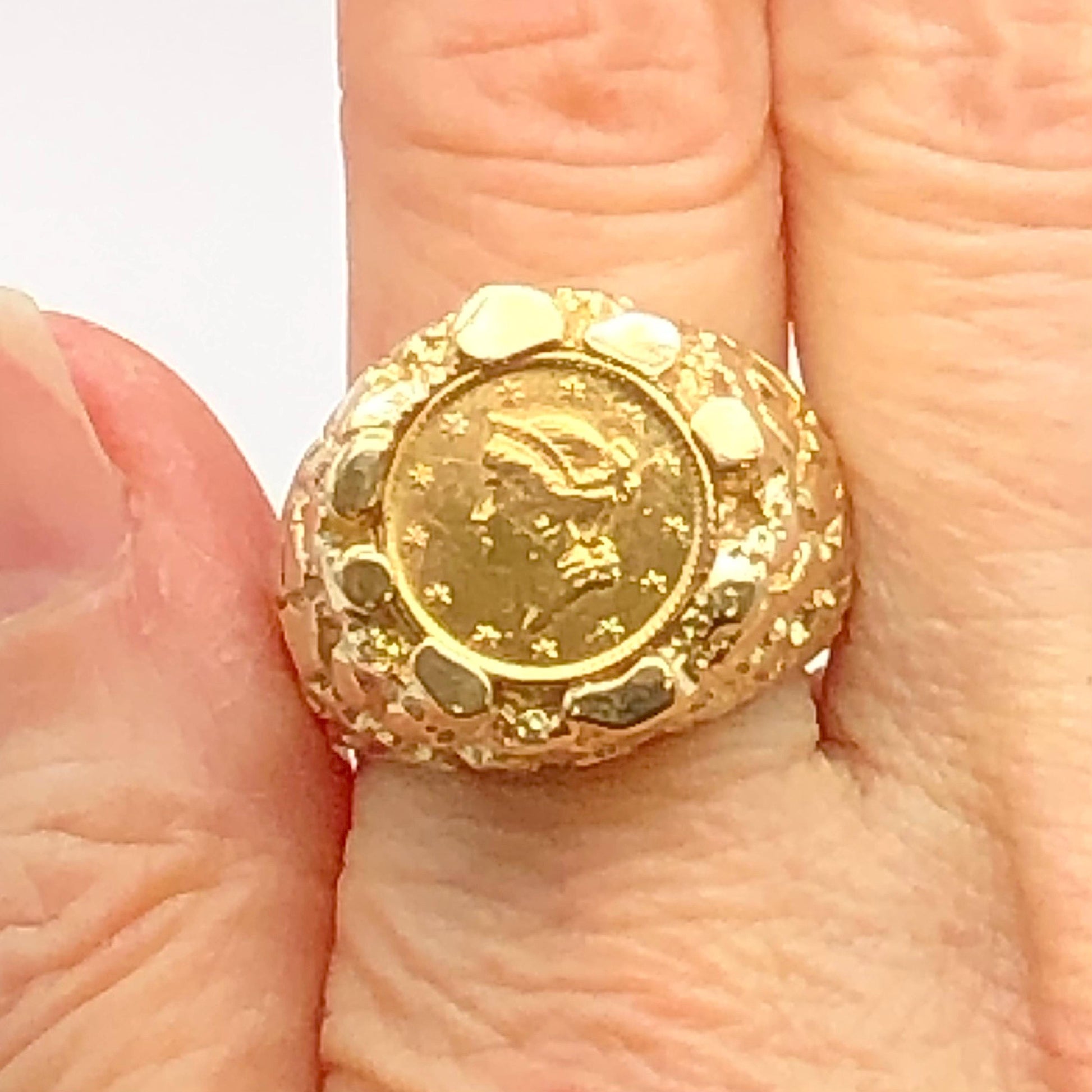 Genuine 1 Dollar Gold Liberty Head Coin Ring American Gold Coin with 14k Nugget Style Ring - Size 9.5